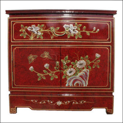 red oriental end cabinet front view