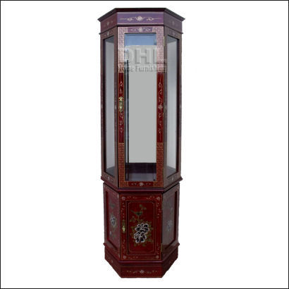 red oriental bird and flower hexagonal display cabinet front view