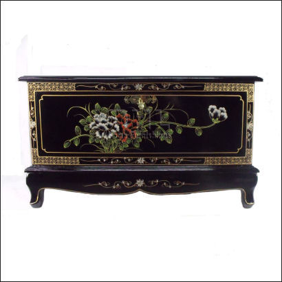 black oriental bird and flower tv cabinet front view