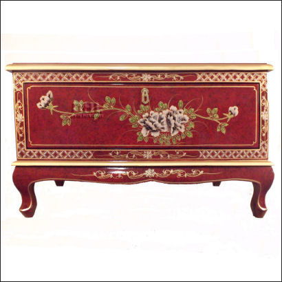 red oriental bird and flower tv cabinet front view