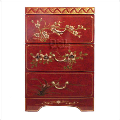 red oriental bird and flower bedside cabinet front view