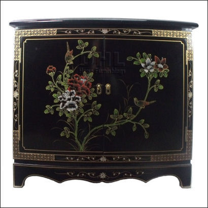 black oriental bird and flower bow front cabinet front view