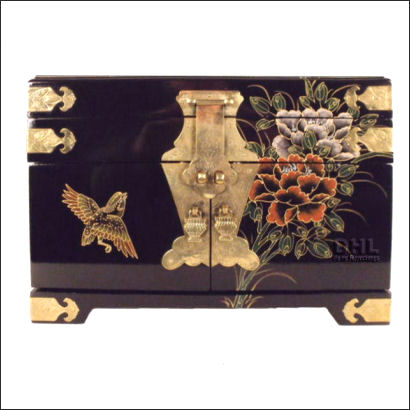 black oriental bird and flower jewellery box front view