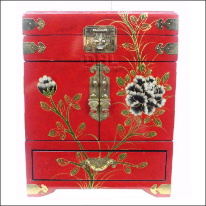 red oriental bird and flower jewellery box front view
