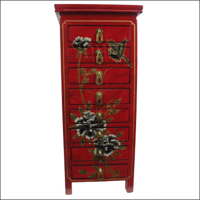 red oriental bird and flower 8 drawer jewellery box front view