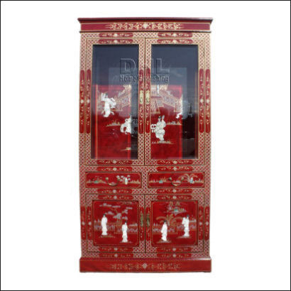red oriental mother of pearl display cabinet front view