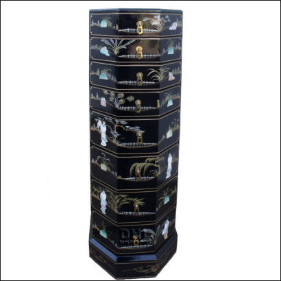 black oriental mother of pearl hexagonal cabinet front view