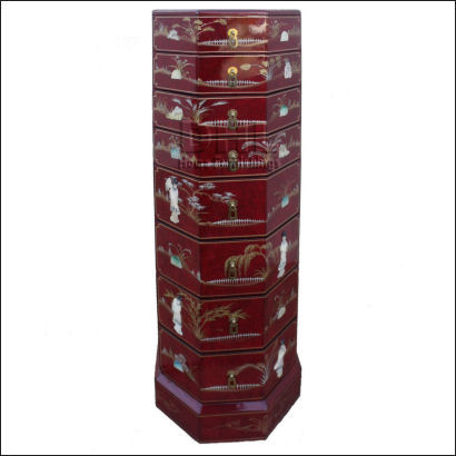 red oriental mother of pearl hexagonal cabinet front view