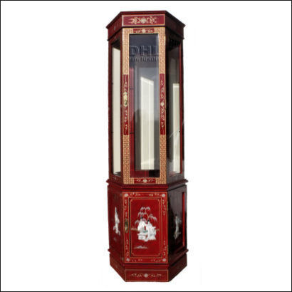 red oriental mother of pearl hexagonal cabinet front view
