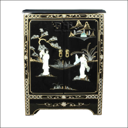 black oriental mother of pearl hi fi cabinet front view