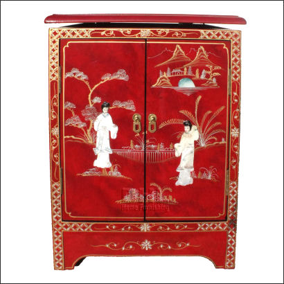 red oriental mother of pearl hi fi cabinet front view