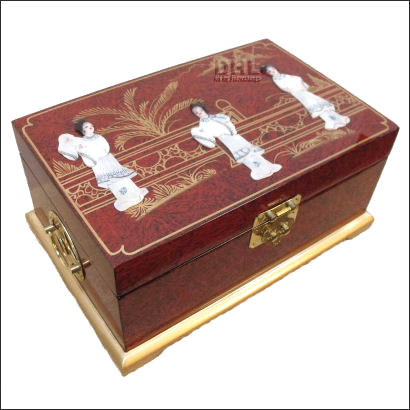 red oriental mother of pearl jewellery box left corner view
