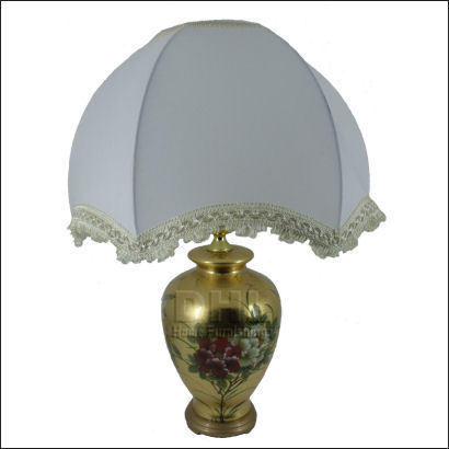 gold table lamp with bird and flower and shade