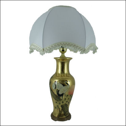 gold table lamp with cranes and shade