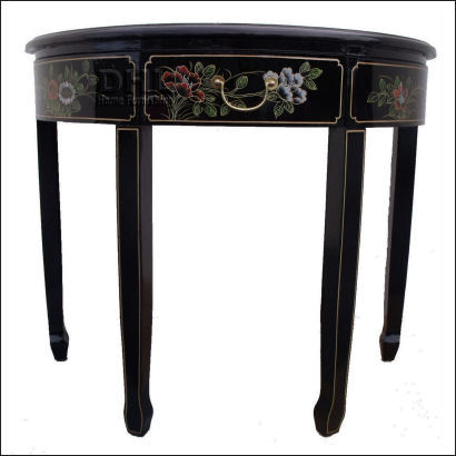 black oriental bird and flower half round table front view