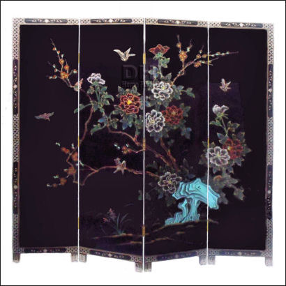 black oriental bird and flower 4 panel room divider front view