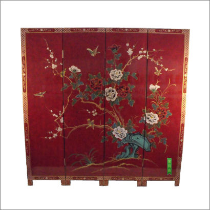 red oriental bird and flower 4 panel room divider front view