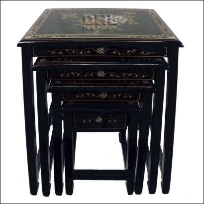 black oriental bird and flower nest of 4 tables front view