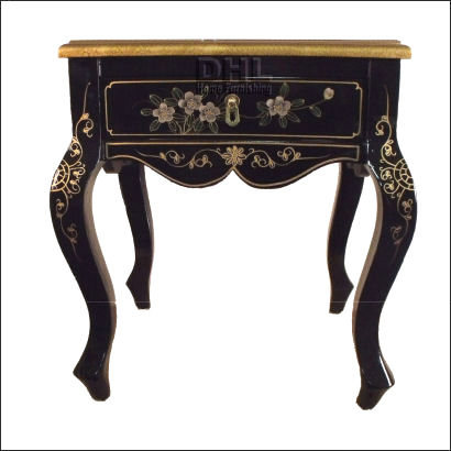 black oriental bird and flower square side table front view