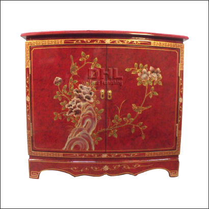 red oriental bird and flower bow front cabinet front view