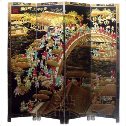 black and gold lacquer 4 panel room divider chinese village scene front view