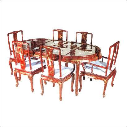 red oriental mother of pearl oval dining table and 6 chairs
