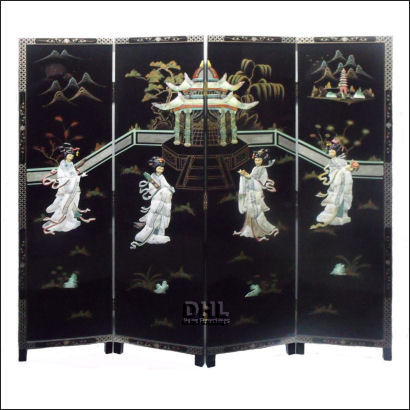 black oriental mother of pearl 4 panel room divider front view